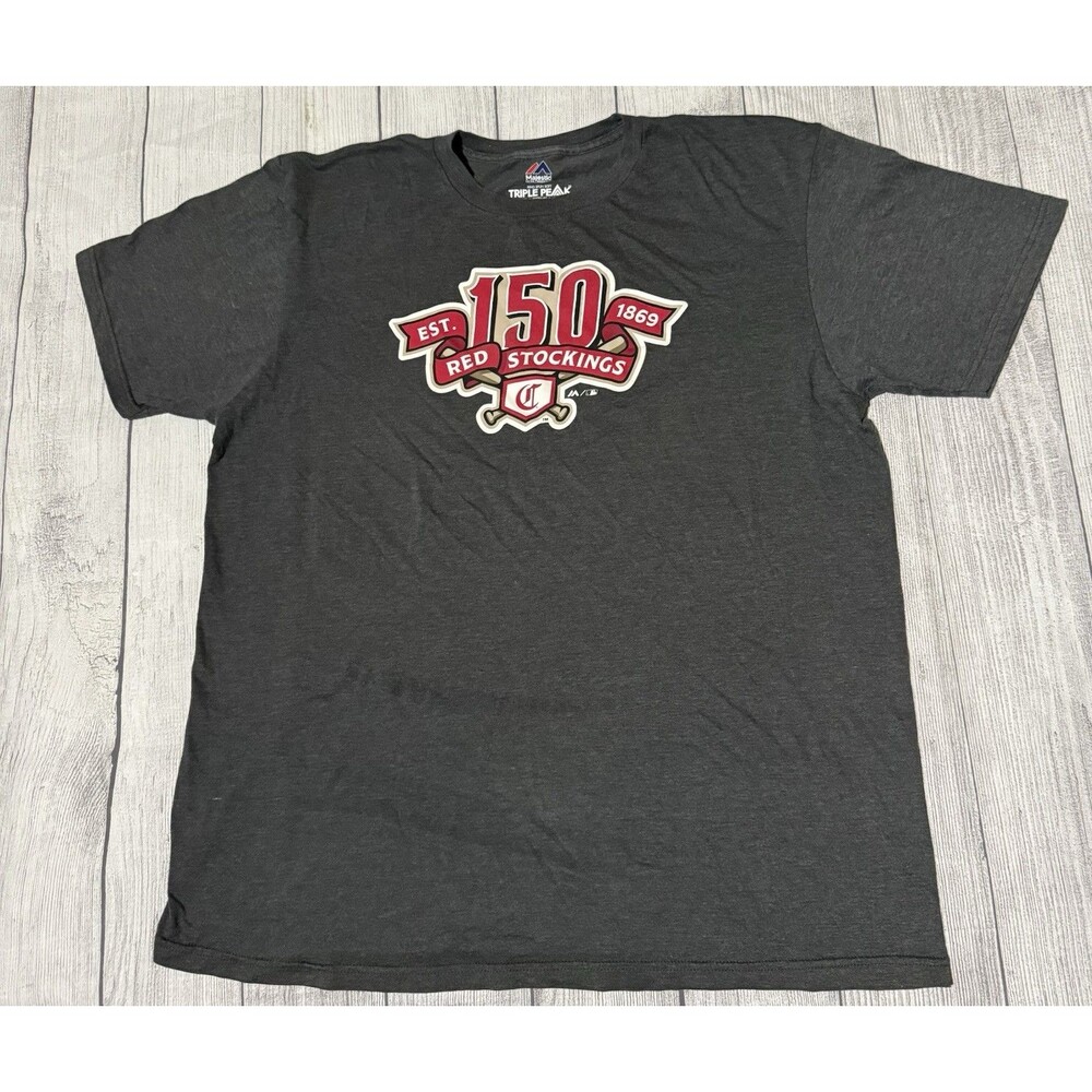 Majestic Cincinnati Reds 150th Anniversary Red Stockings Mens T-Shirt XL Gray